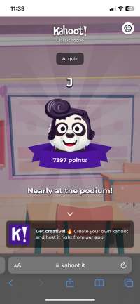 J nearly at the podium, in the kahoot game